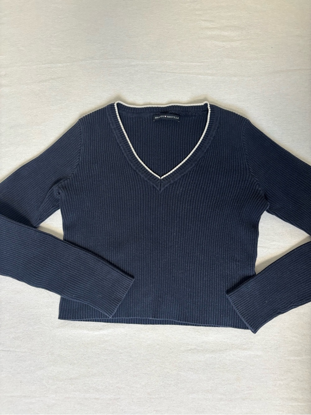 Brandy Melville Navy V-Neck Ribbed Sweater with White Trim